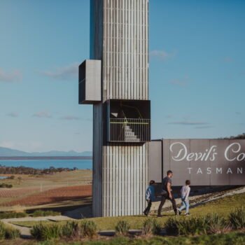 Devil's Corner Cellar Door, and architectural observation tower juts out of the ground with the vally rolling off into the distance