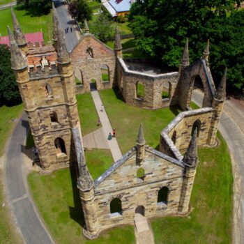 Port Arthur Historic Site - Aerial view of the remaining stone church walls with no roof.