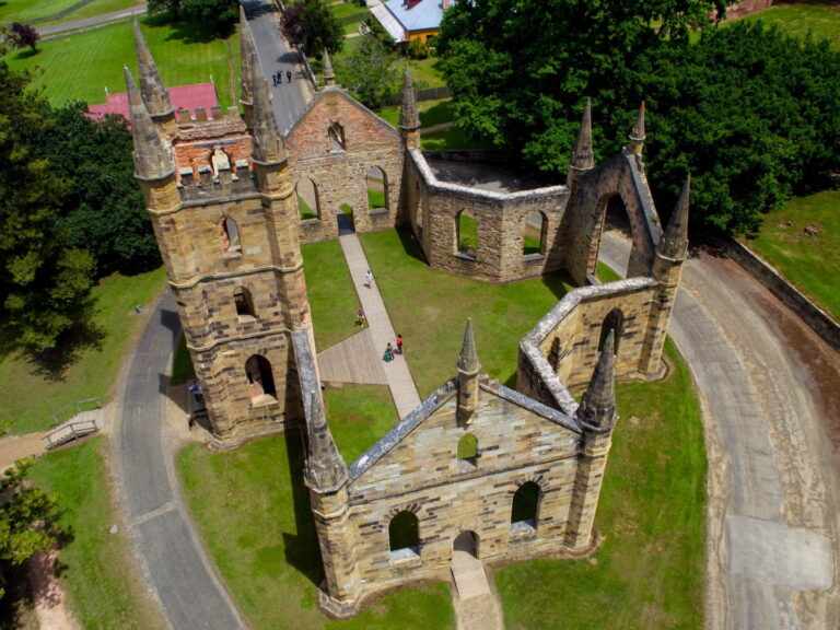 Port Arthur Historic Site - Aerial view of the remaining stone church walls with no roof.