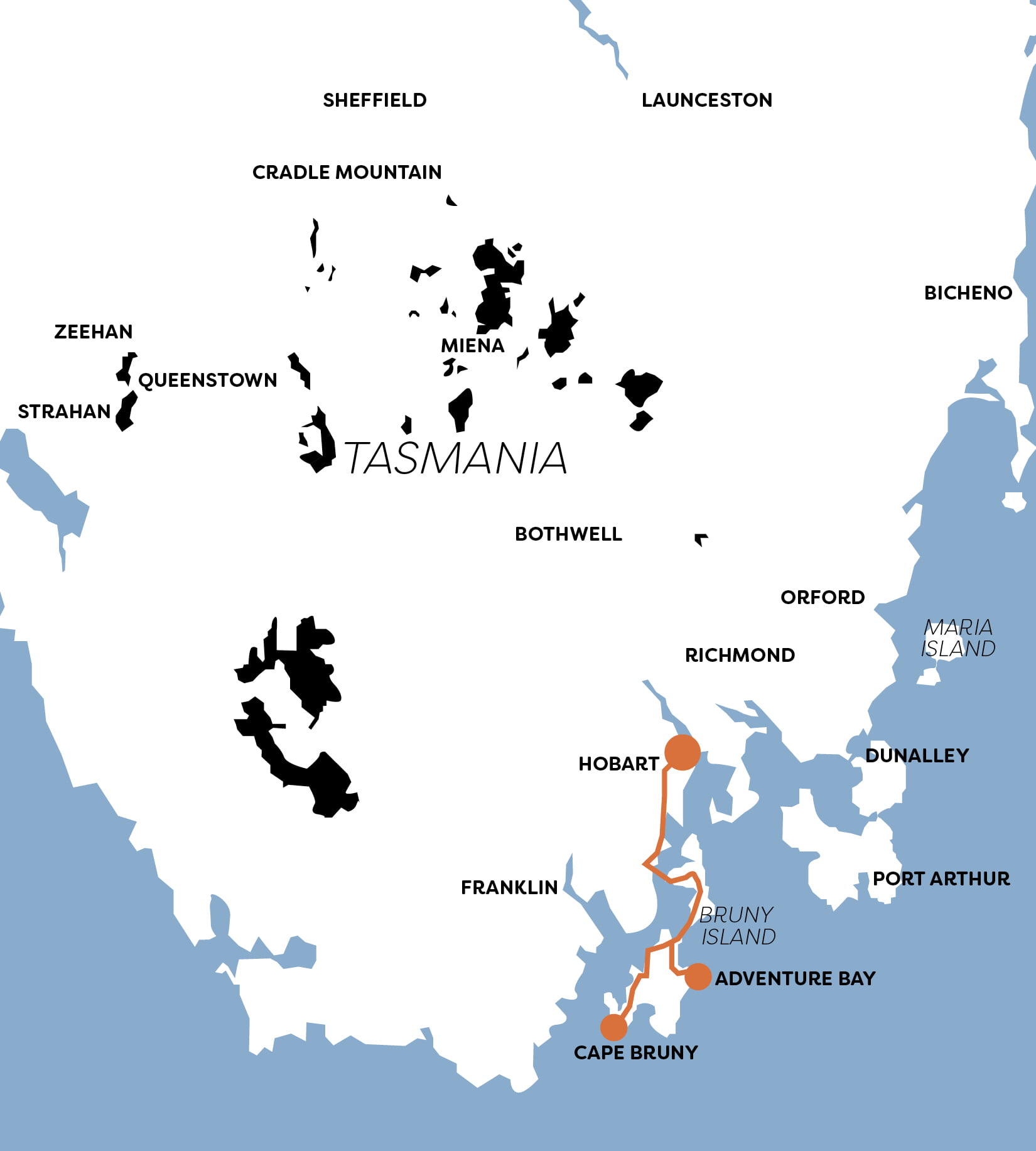 Bruny Island day tour map, showing the destinations of Adventure bay and Cape Bruny