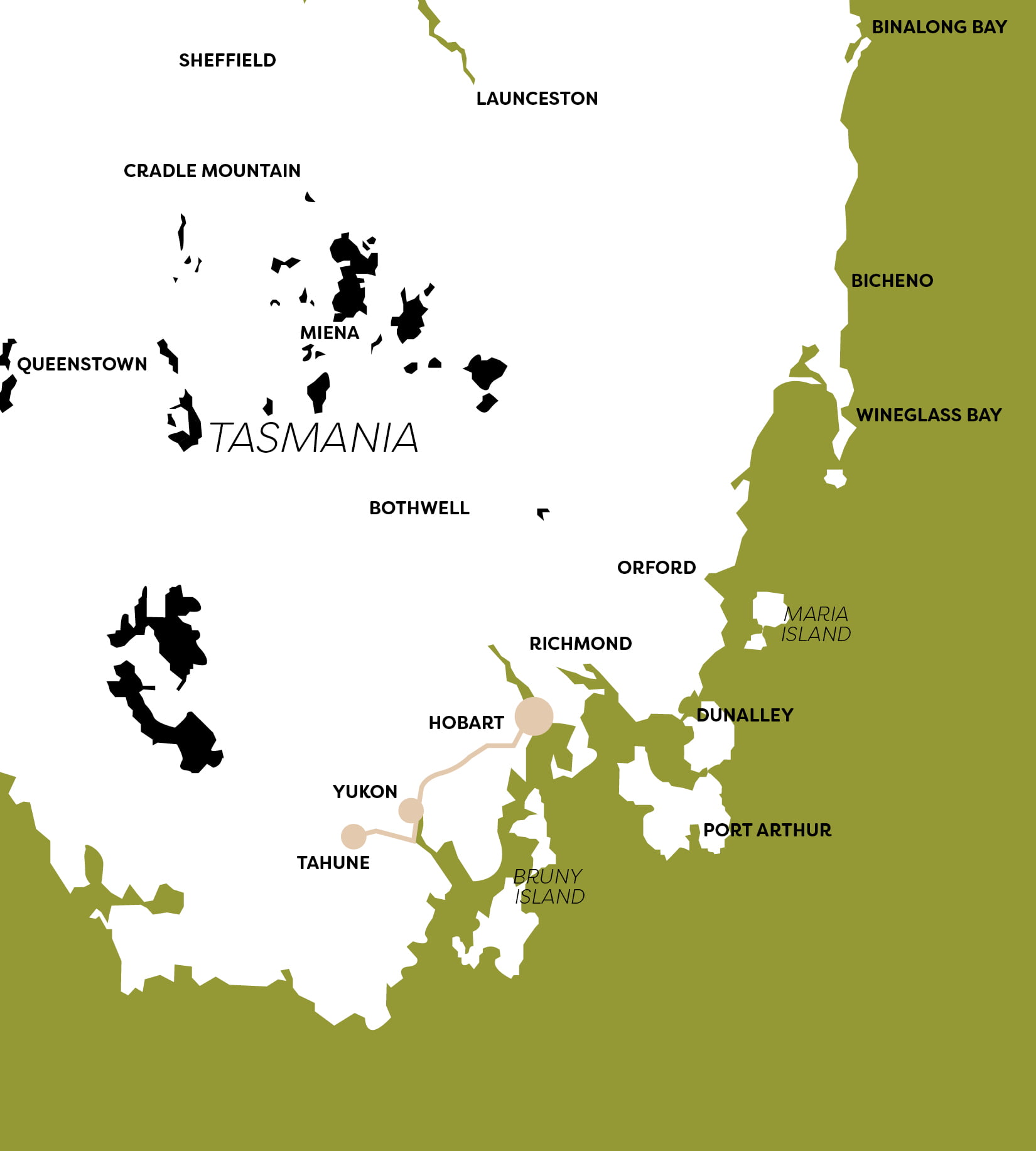 Map of Tasmania showing the destinations of Yukon and the Tahune