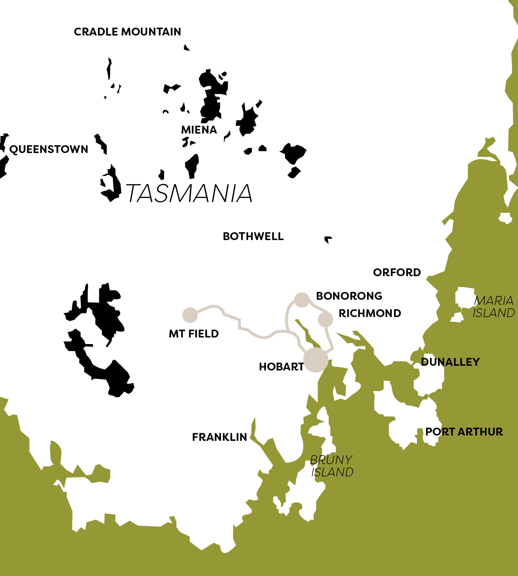 A map of tour destinations, Richmond, Bonorong and Mt Field.