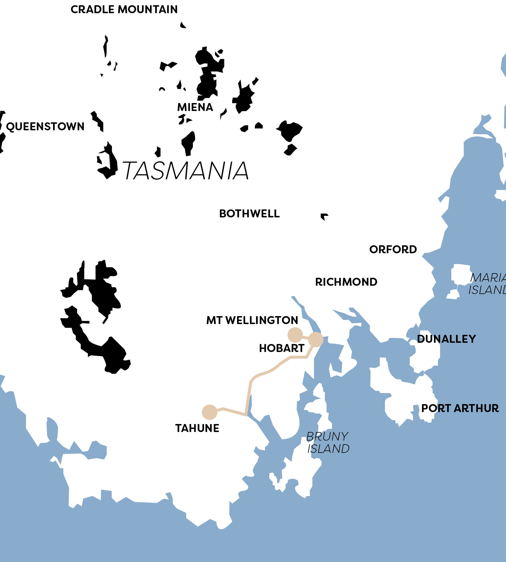 A map showing the destinations of Mt Wellington and Tahune