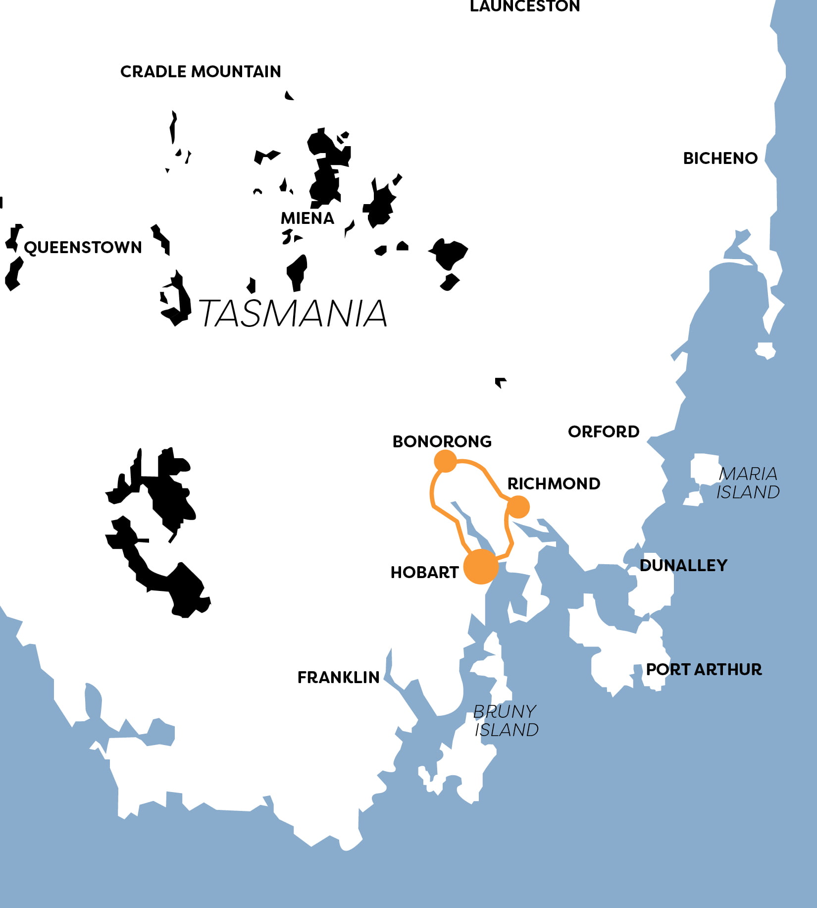 A map showing the destinations of Richmond and Bonorong