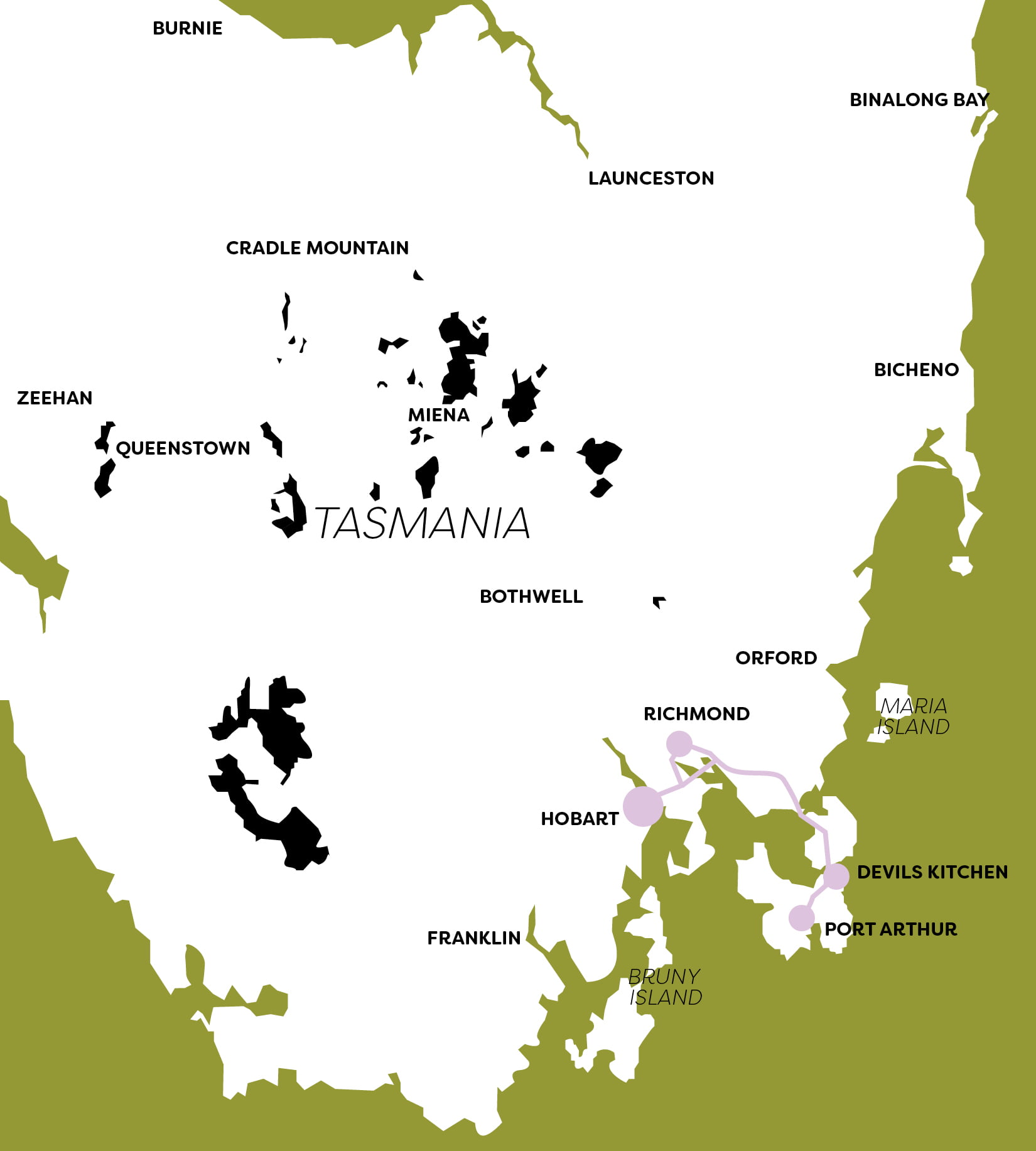 Tasman Peninsula and Richmond Map, showing highlighted destinations, Richmond, Devils Kitchen and Port Arthur.