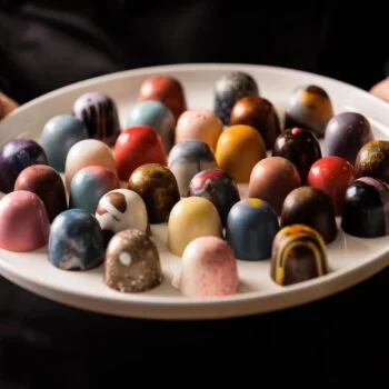 Federation Chocolates, a selection of beautiful, colourful chocolate domes served on a plate