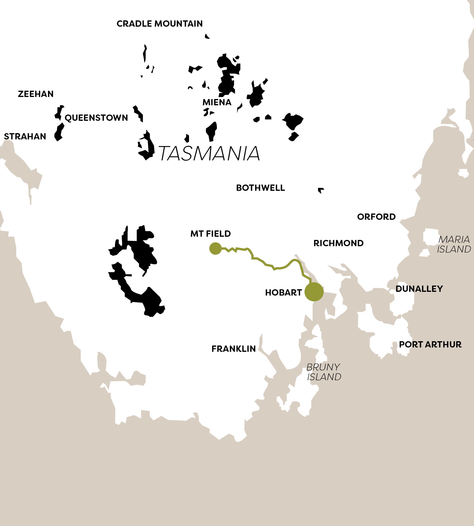 A map of Tasmania with the destination Mt Field highlighted.