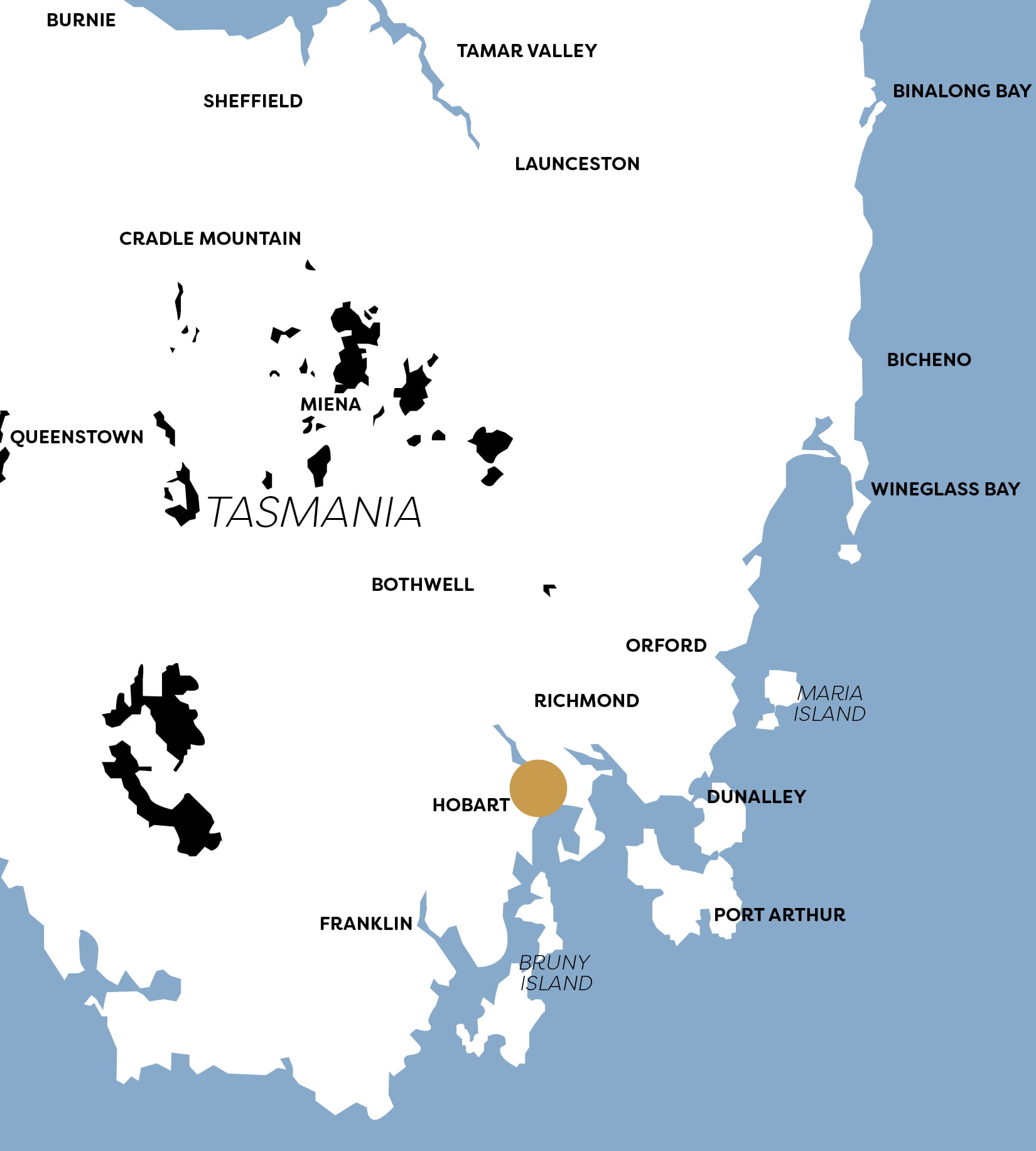 A map of Tasmania with the destination of Hobart highlighted.