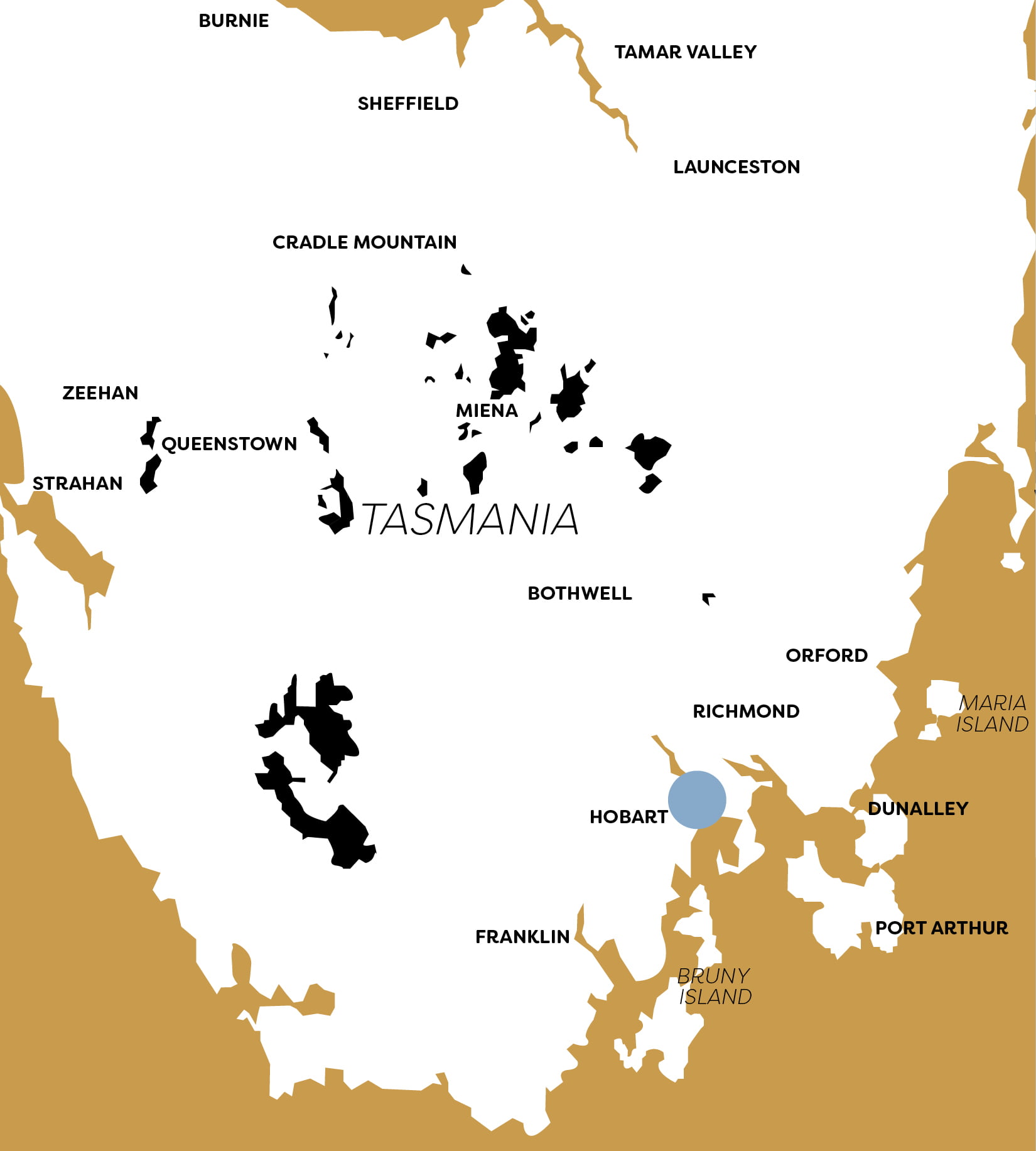 A map of Tasmania with the destination of Hobart highlighted