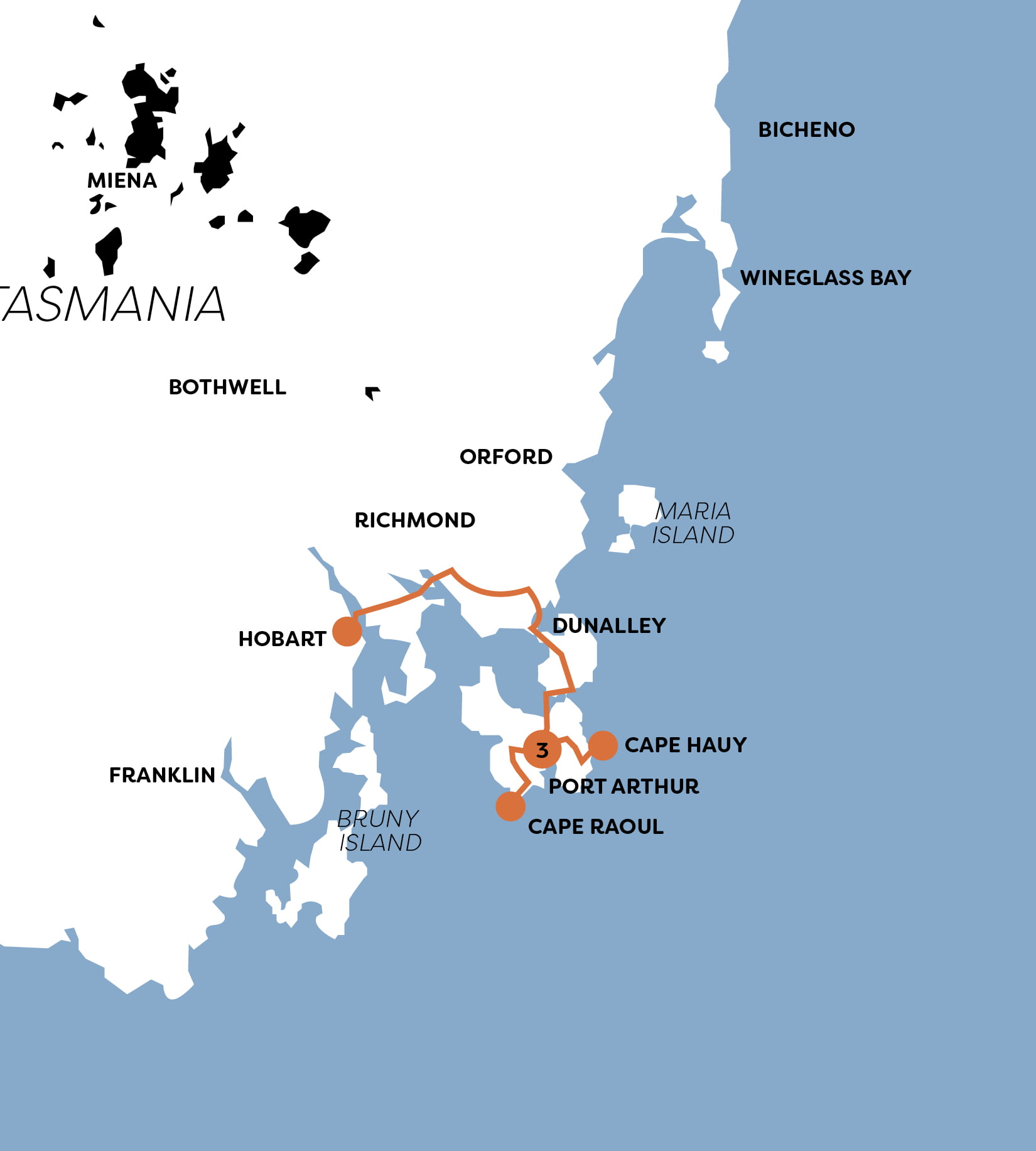 A map of Tasmania with highlighted destinations of Cape Hauy, Cape Raoul and Port Arthur
